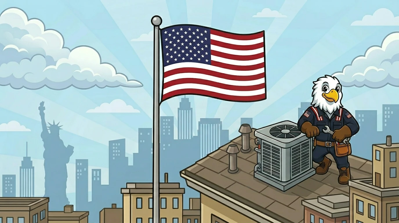 Liberty Heating & Cooling eagle mascot servicing a rooftop AC unit with American flag and Statue of Liberty in the background